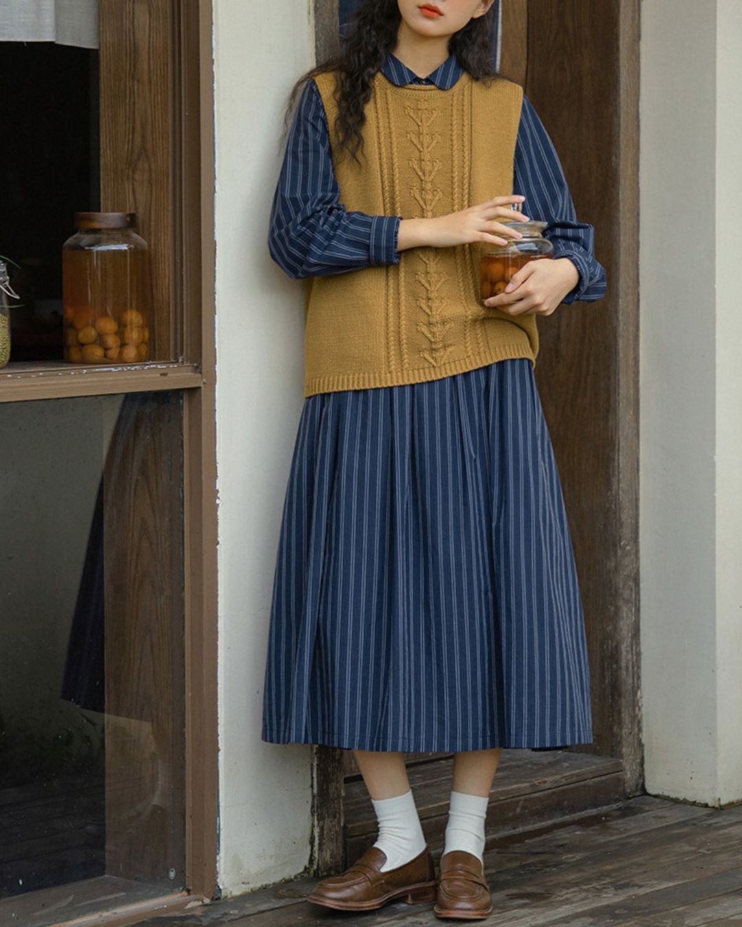 Striped Midi Shirt Dress　OP007