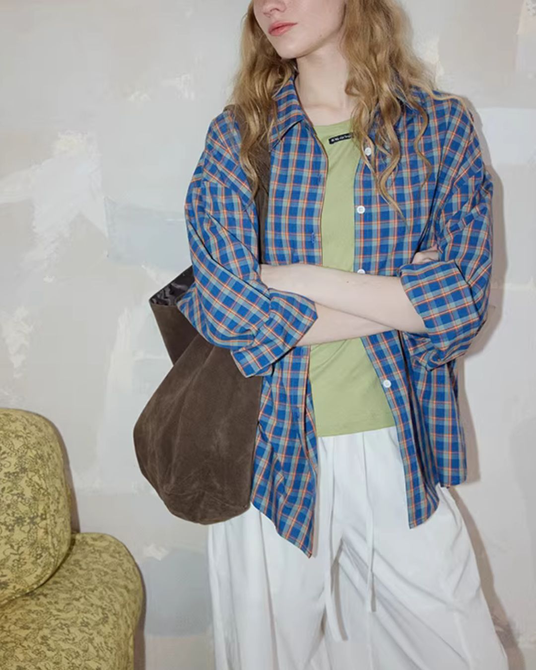 Loose Color-block Check Shirt　LS070