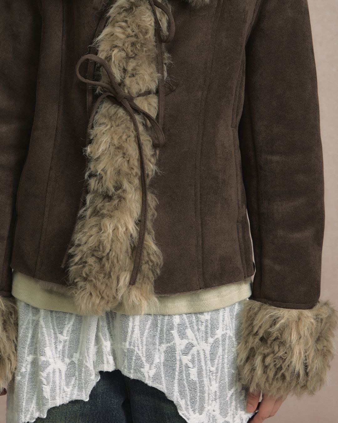 Ribbon-tied Fur Suede Jacket　JK066