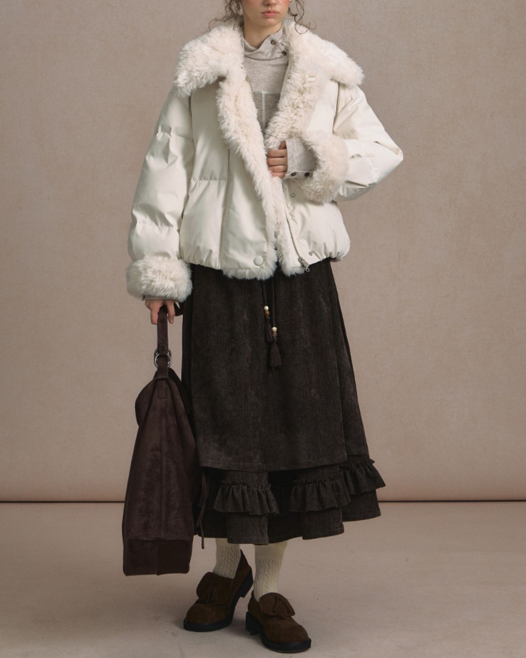 Asymmetrical Fur Short Down Jacket　JK065