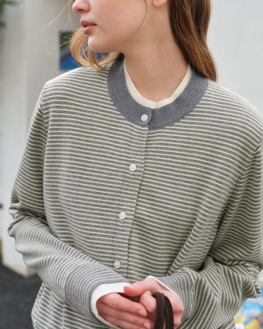 Fake Layered Fine Border Knit Cardigan　KN099