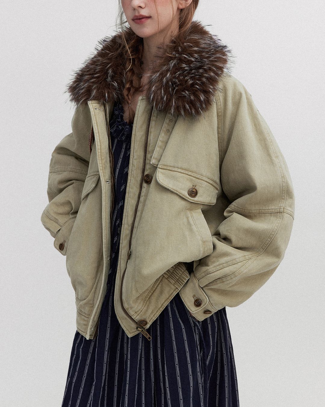 Fur Collar Padded Denim Jacket　JK058
