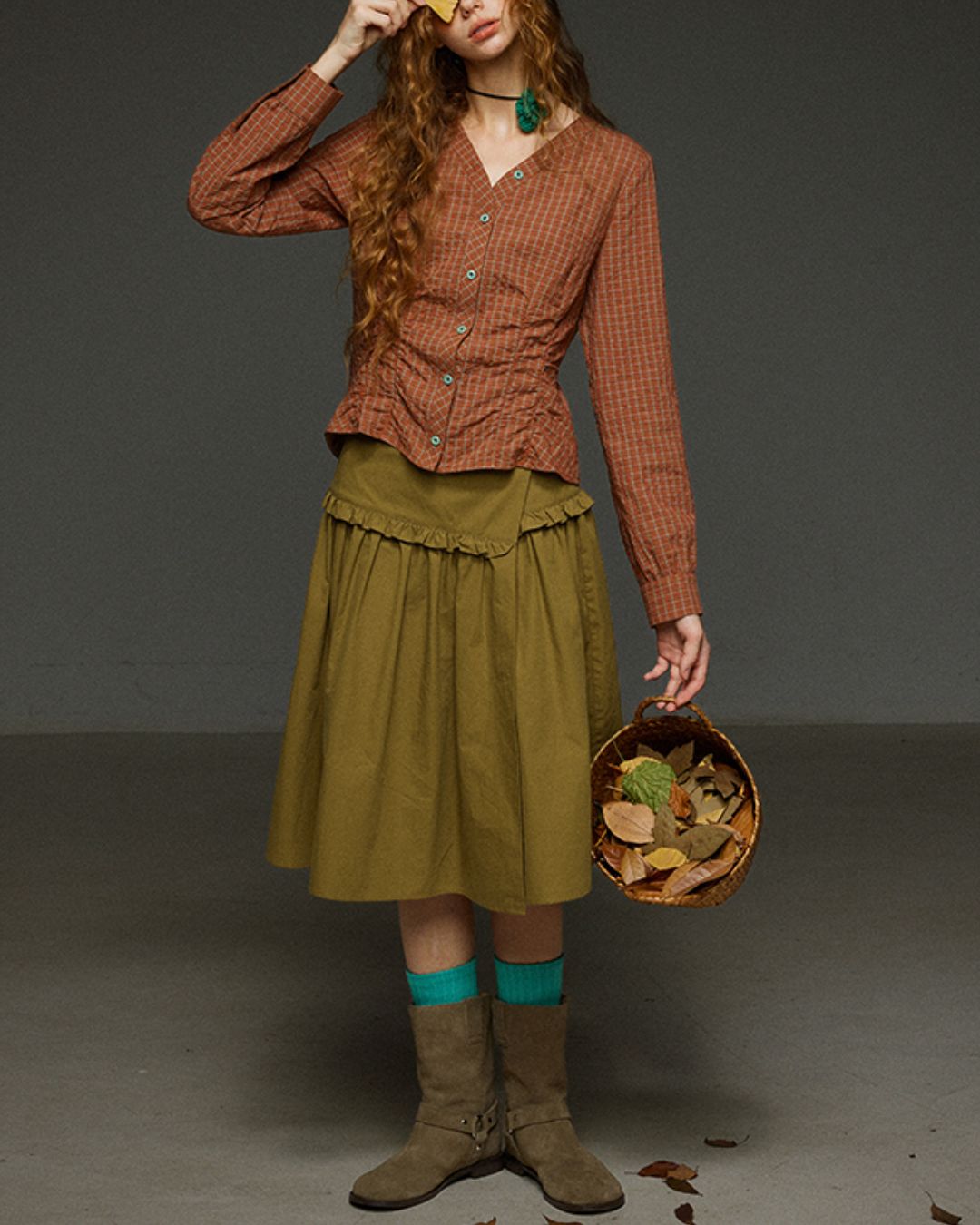 Check V-neck Shirred Shirt　LS028