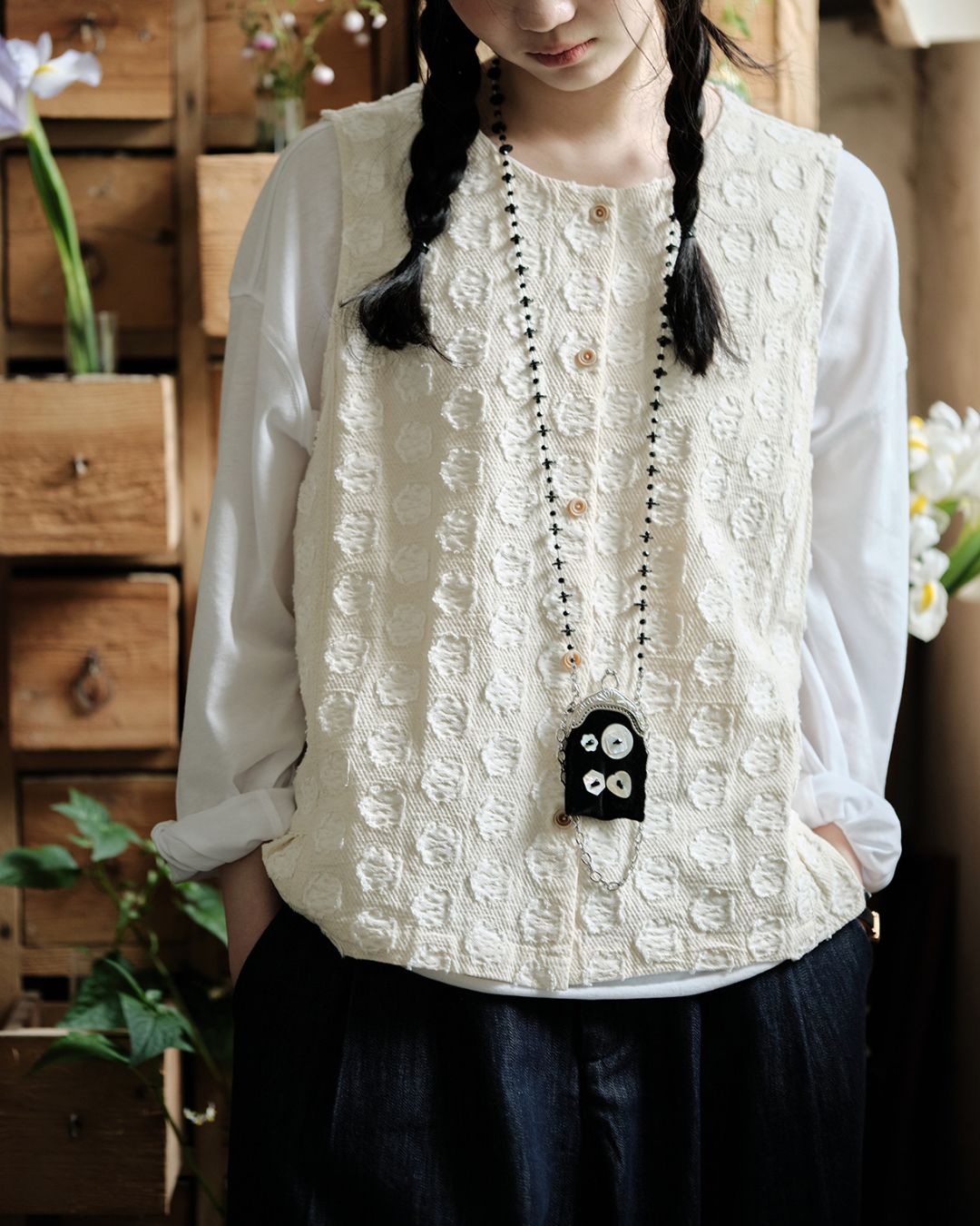 Cotton Linen Jacquard Peplum Vest　VT017