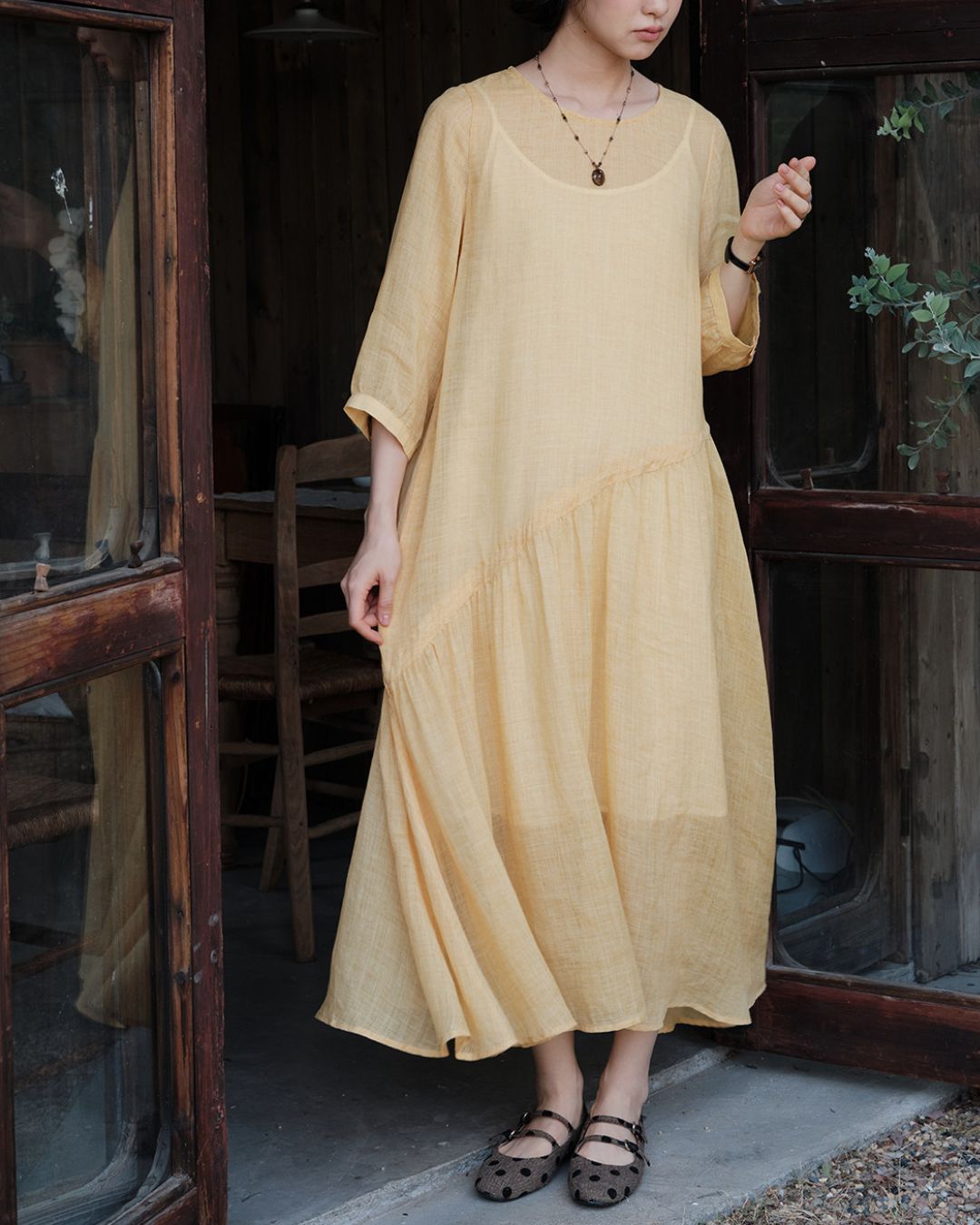 Ramie Drawstring A-Line Dress　OP005