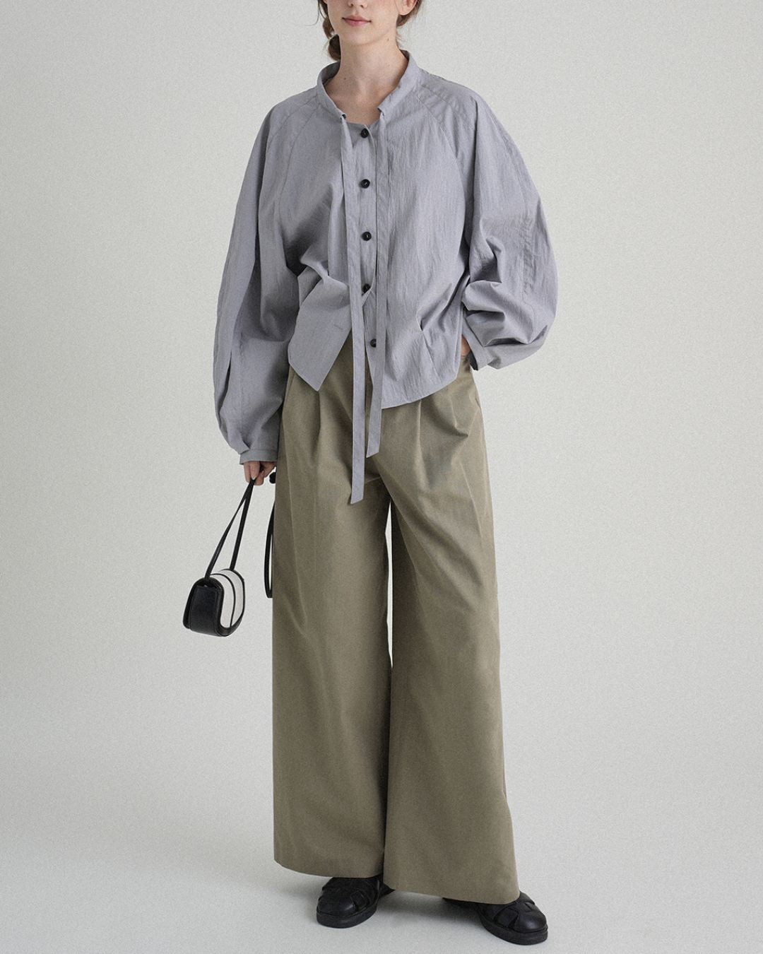 Pleated Raglan Bow Tie Shirt　LS021