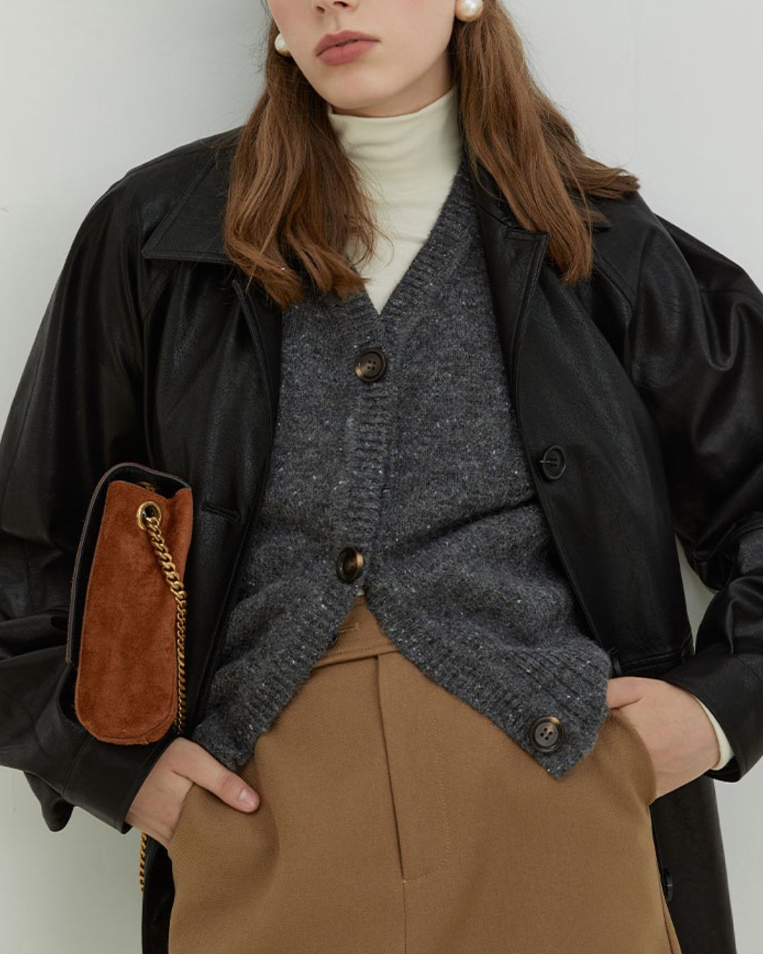 Mid-length Collared Leather Jacket　JK036