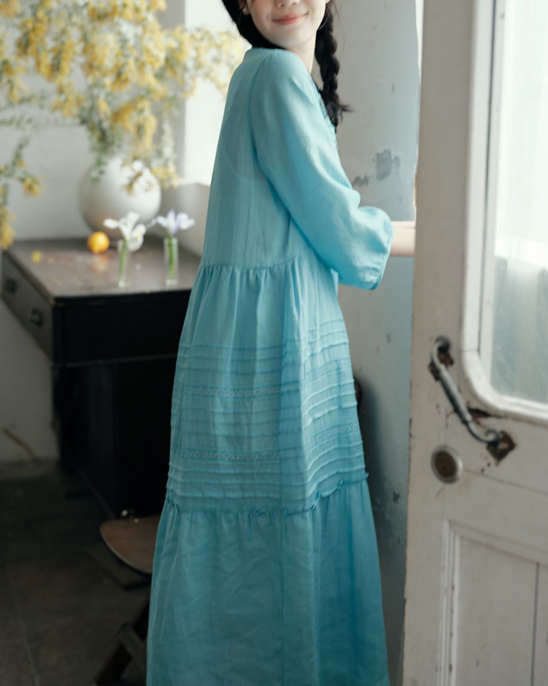 Round Neck 3/4 Sleeve Ramie Dress　OP004