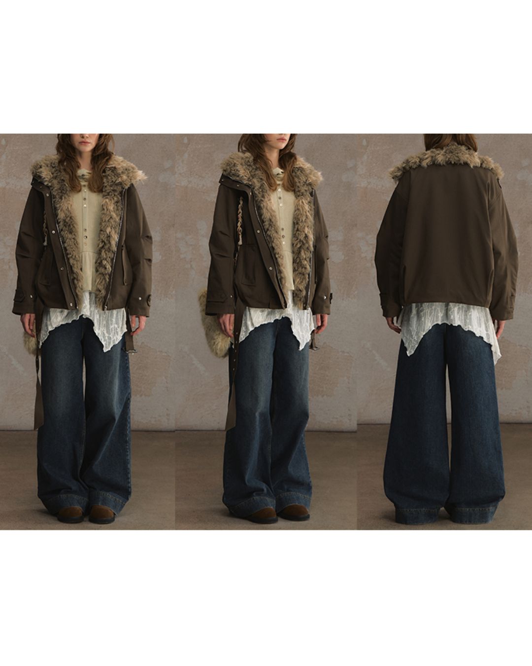 Belted Fur-lined Twill Jacket　JK064