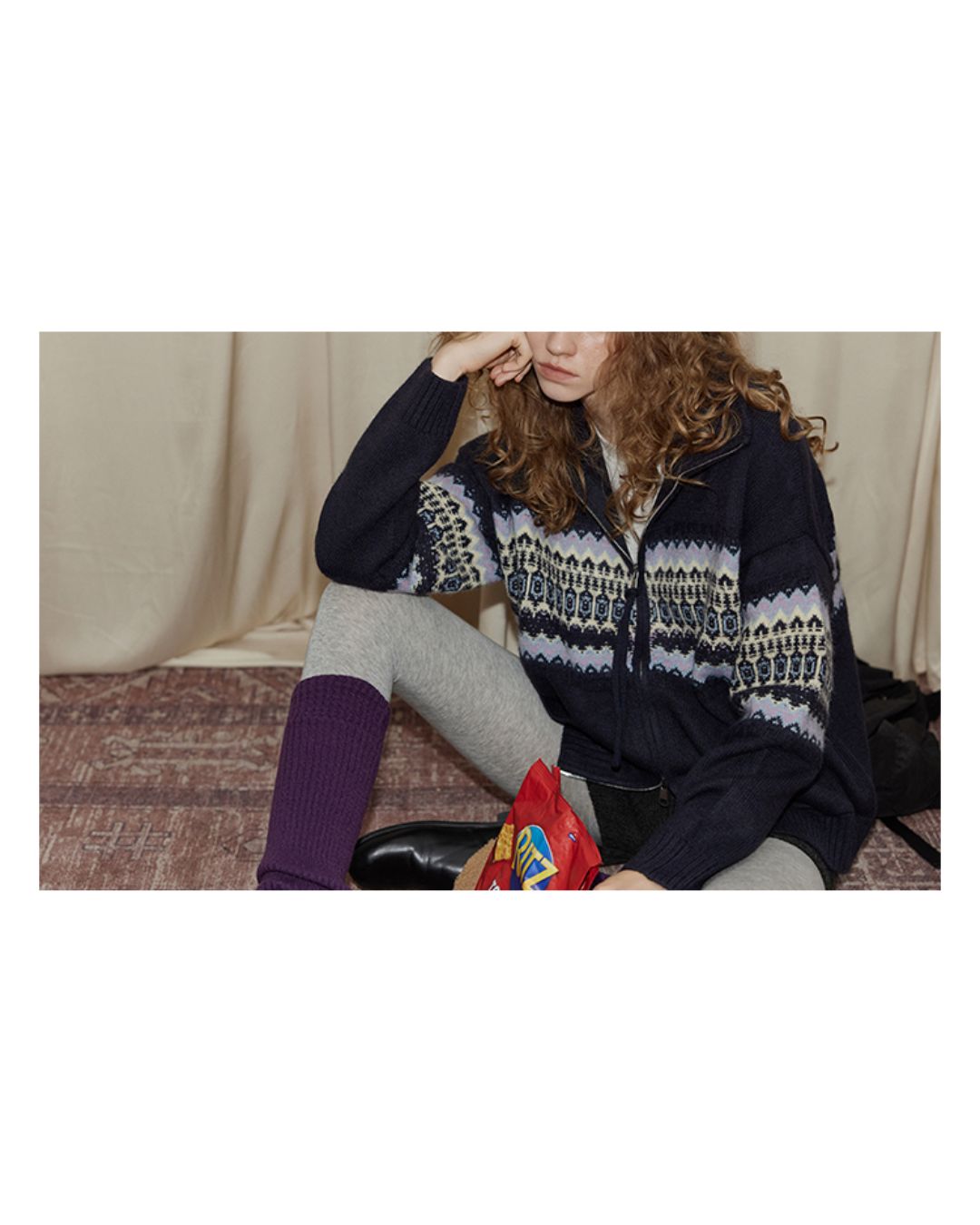 Stand-collar Fair Isle Knit Cardigan　KN049