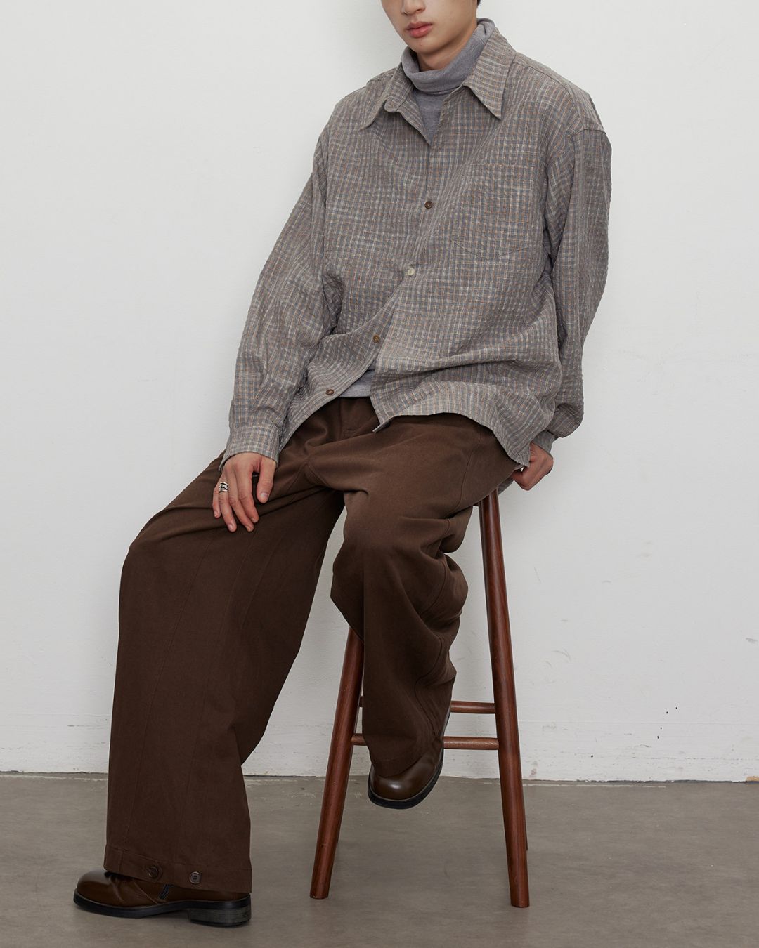 Gradient Button Gray-brown Check Shirt　LS048