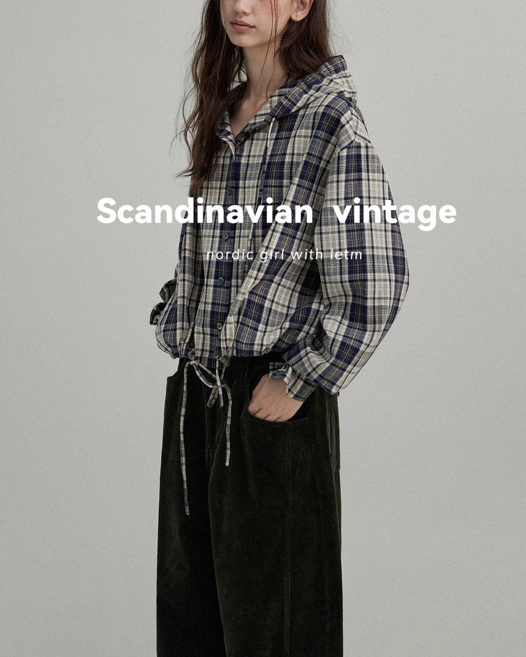 Hooded Drawstring Checked Shirt　LS018