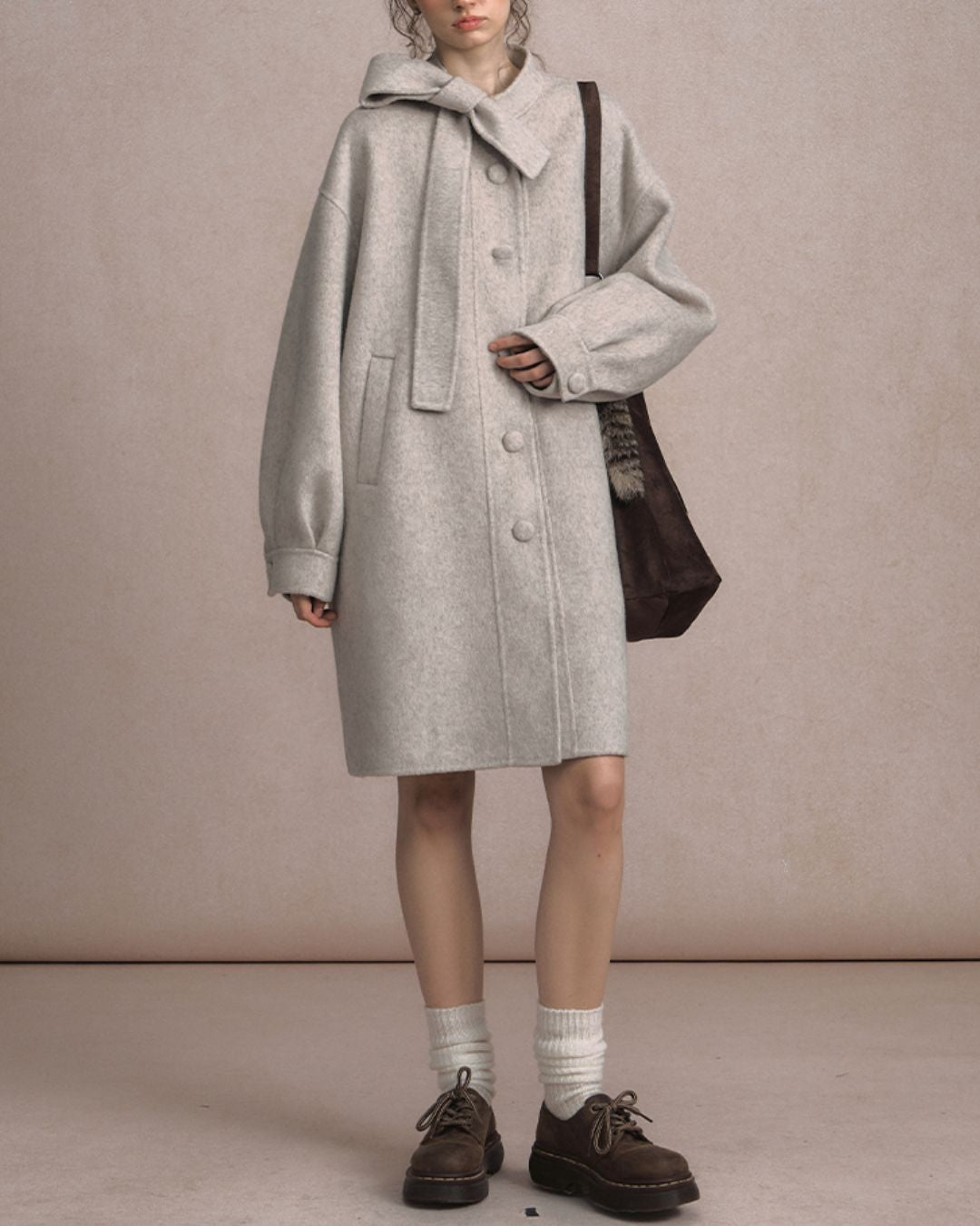 Bow-tied Pleated Cuff Wool Coat　CT026