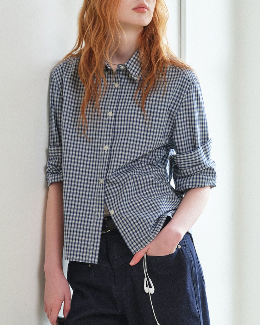 Cropped Button-down Checked Shirt　LS051