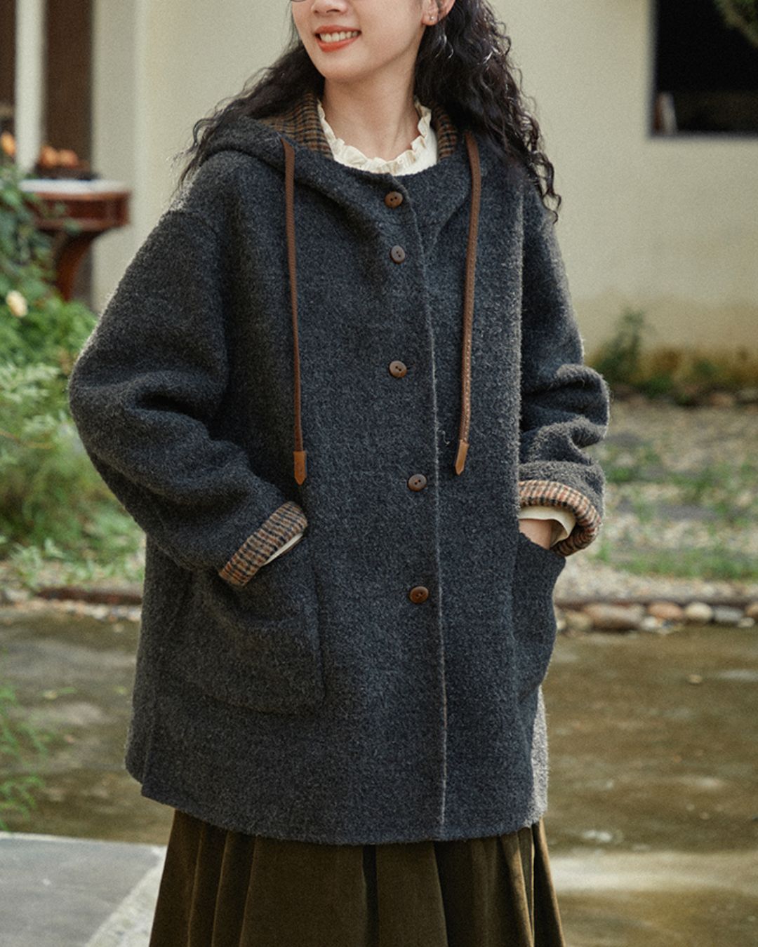 Checked Lined Wool Hooded Coat　CT017