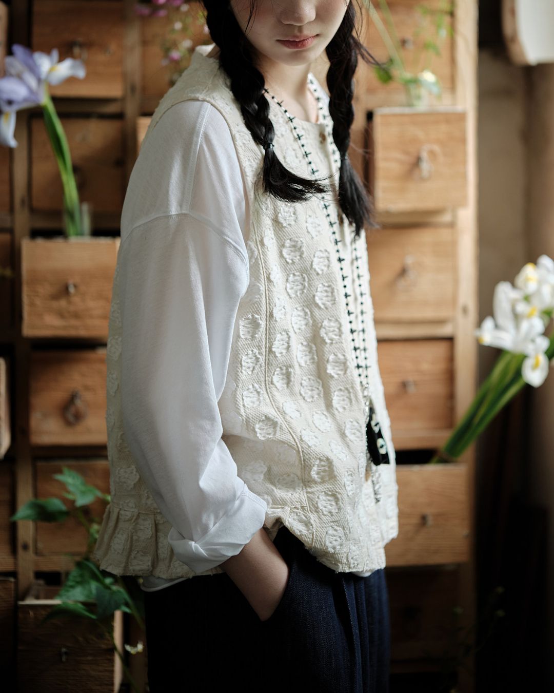 Cotton Linen Jacquard Peplum Vest　VT017