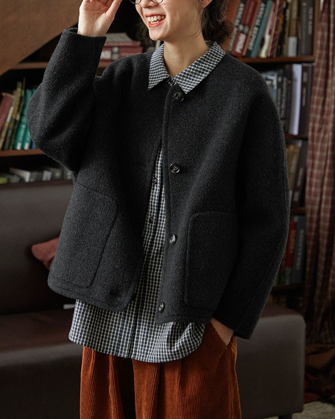 Collarless Relaxed Wool Jacket　JK033