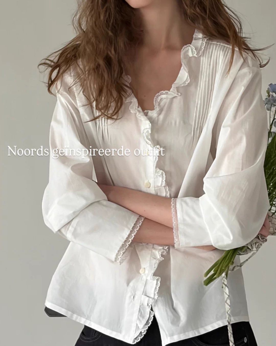 Frilled V-neck Lace Embroidered Shirt　LS067