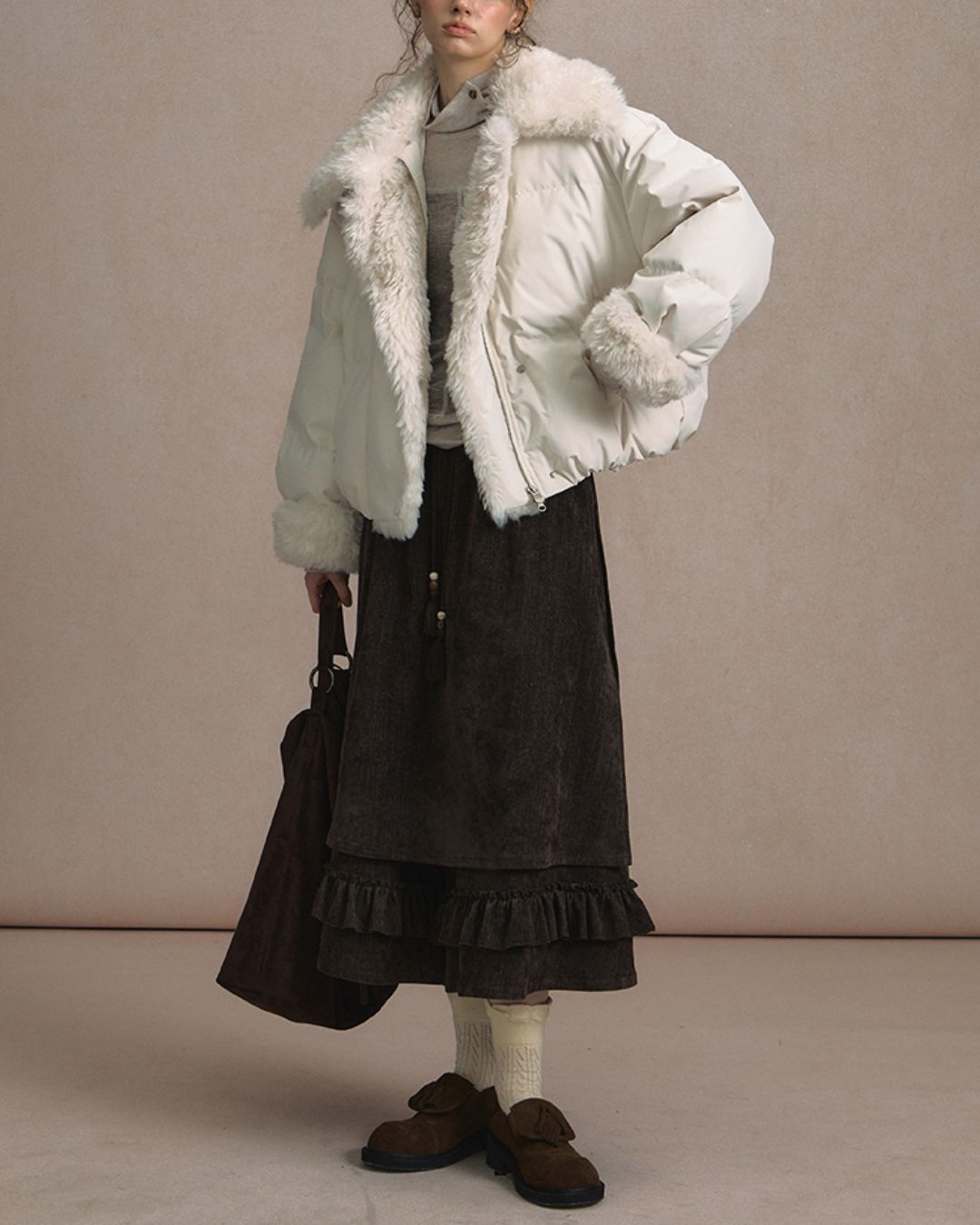 Asymmetrical Fur Short Down Jacket　JK065