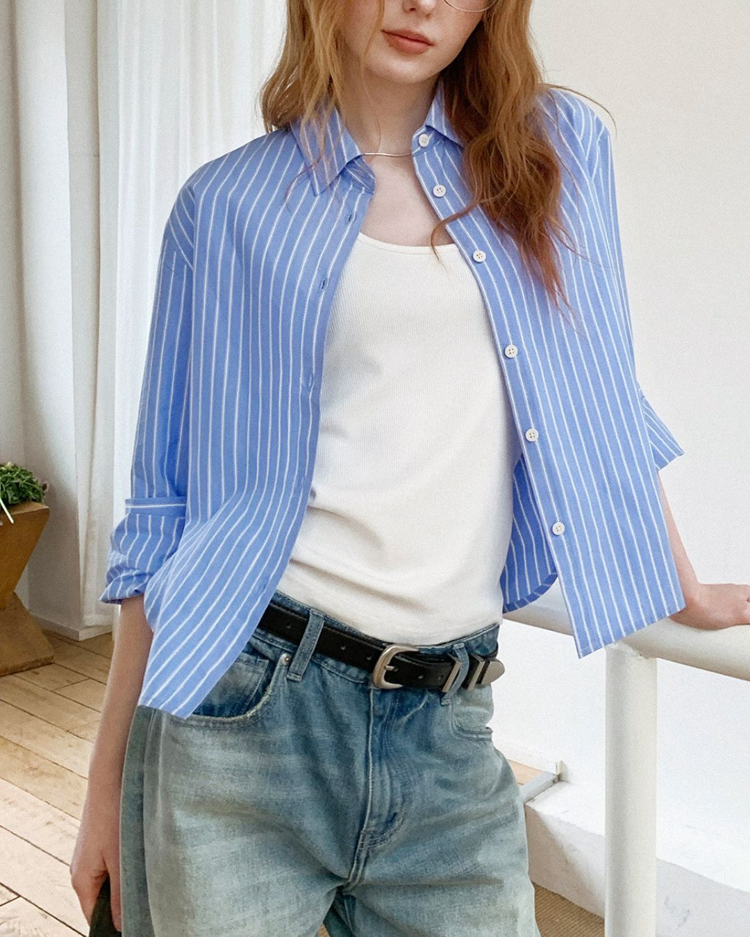 Blue Striped Cropped Shirt　LS052