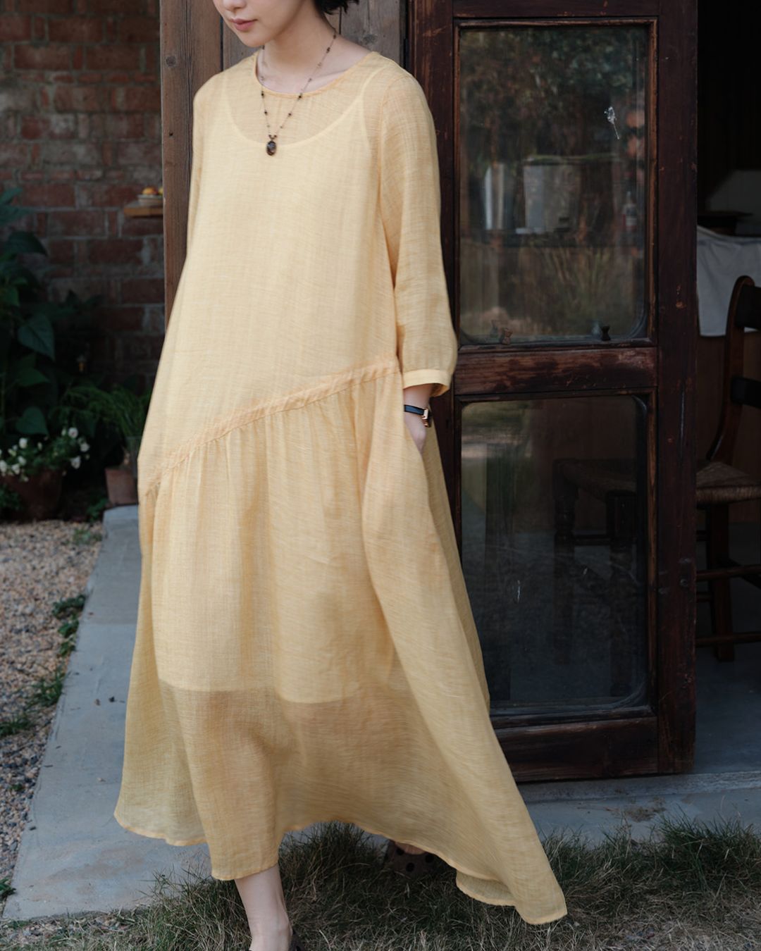 Ramie Drawstring A-Line Dress　OP005
