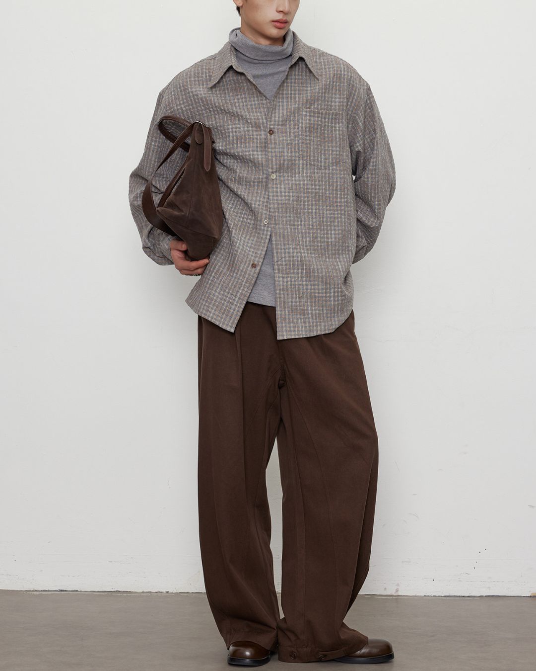 Gradient Button Gray-brown Check Shirt　LS048