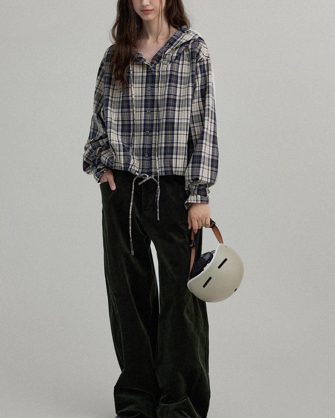 Hooded Drawstring Checked Shirt　LS018