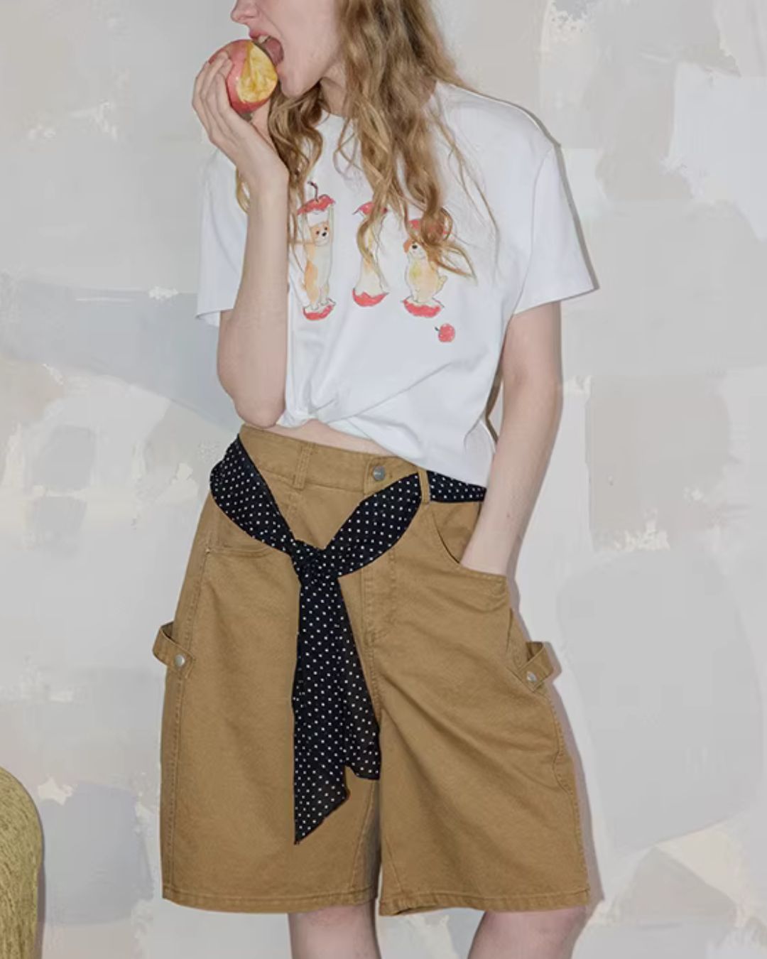 Puppy & Apple Print T-Shirt　ST006
