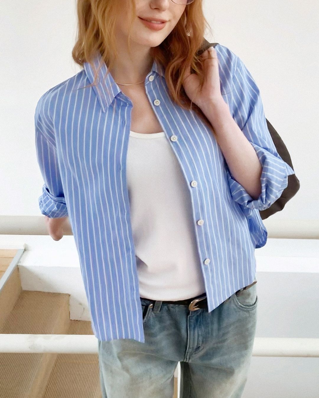 Blue Striped Cropped Shirt　LS052