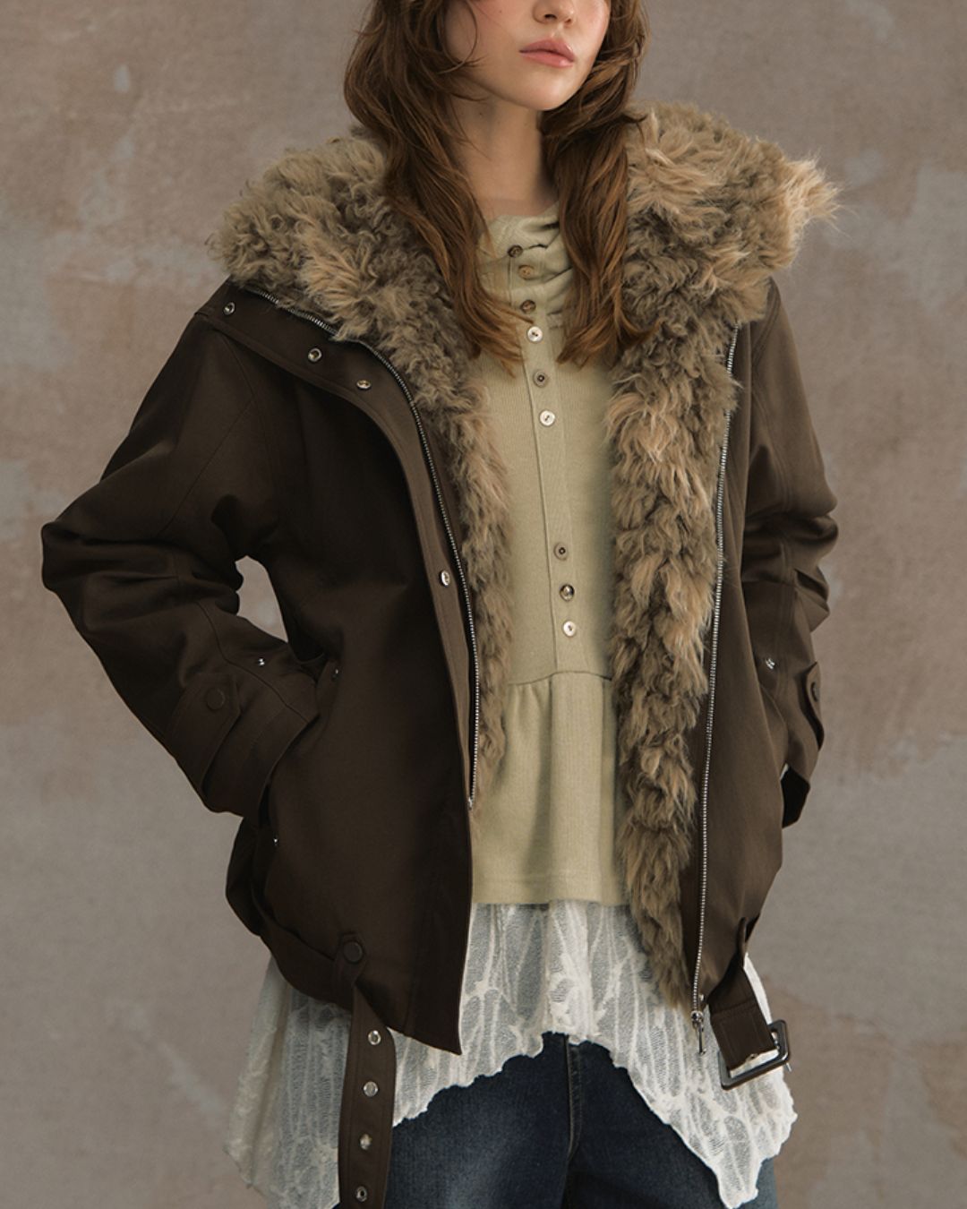 Belted Fur-lined Twill Jacket　JK064