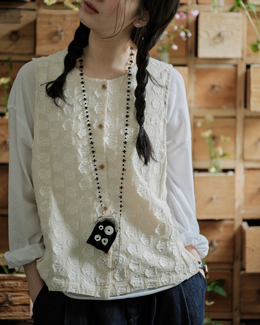 Cotton Linen Jacquard Peplum Vest　VT017