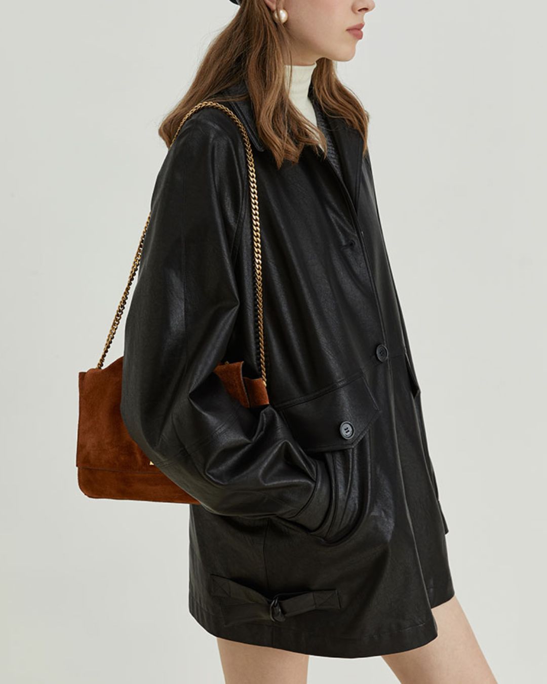 Mid-length Collared Leather Jacket　JK036