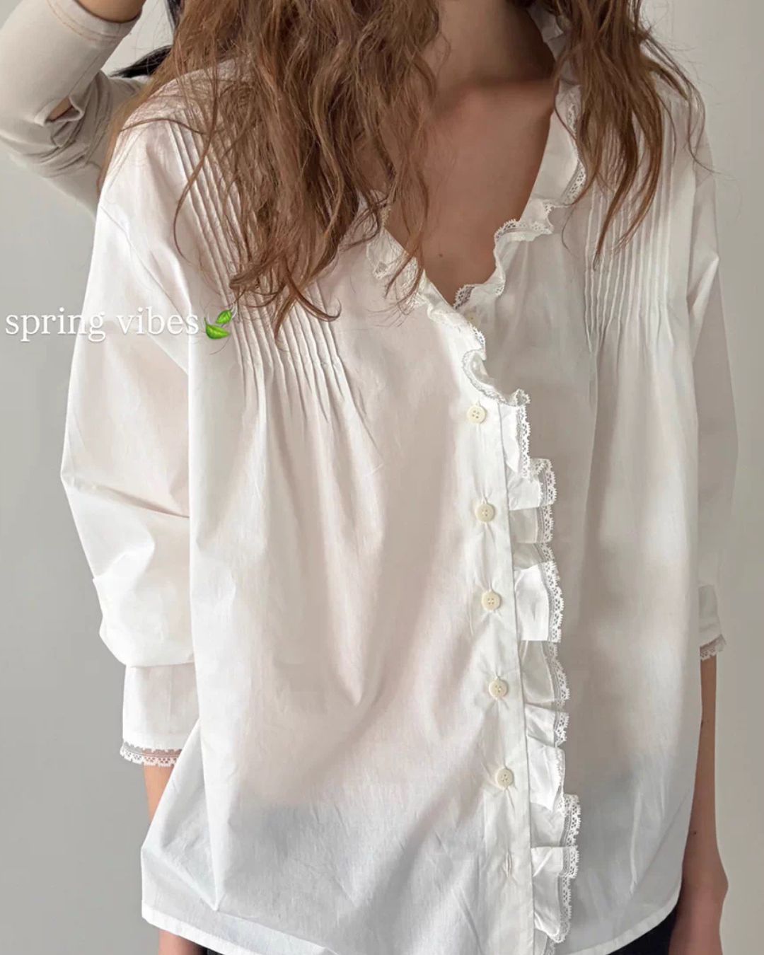 Frilled V-neck Lace Embroidered Shirt　LS067