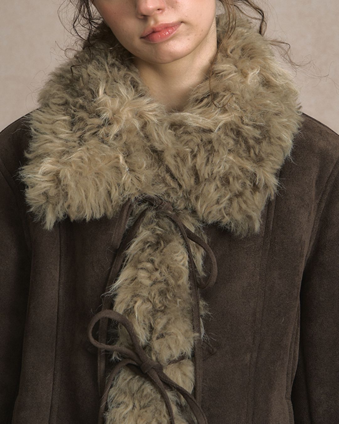 Ribbon-tied Fur Suede Jacket　JK066