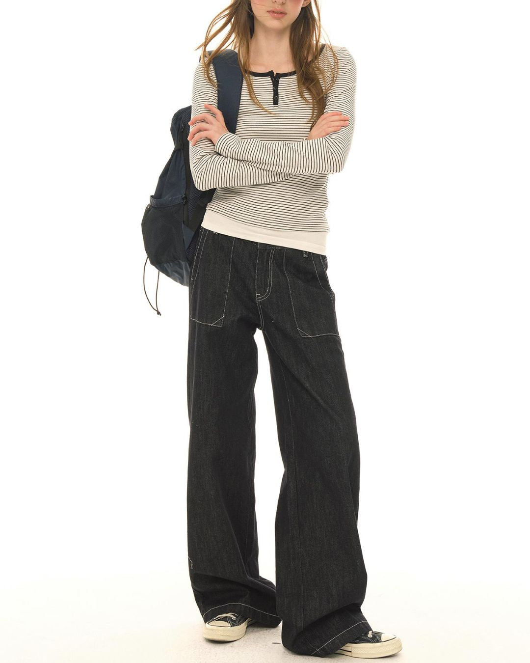 Henley Neck Border T-shirt　LT010