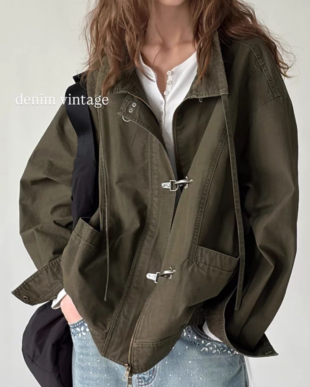 Vintage Metal Button Denim Jacket & Gathered Shorts　JK090