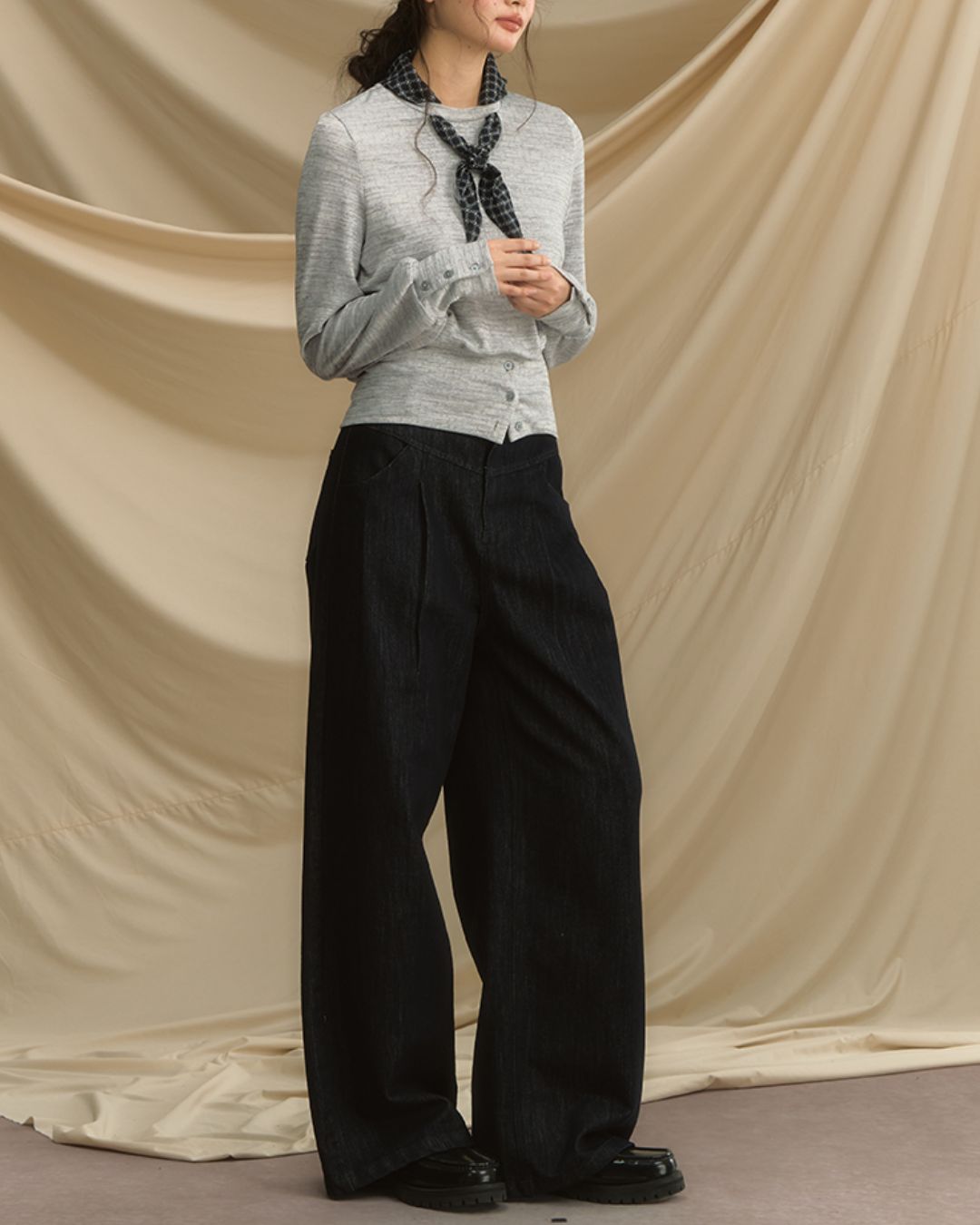 Checkered Scarf Buttoned Top　LT005