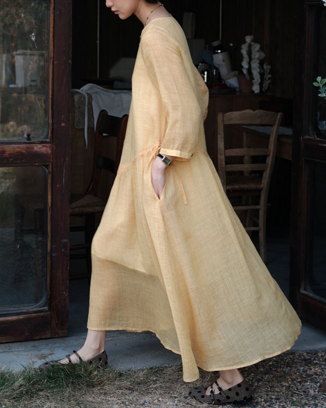 Ramie Drawstring A-Line Dress　OP005