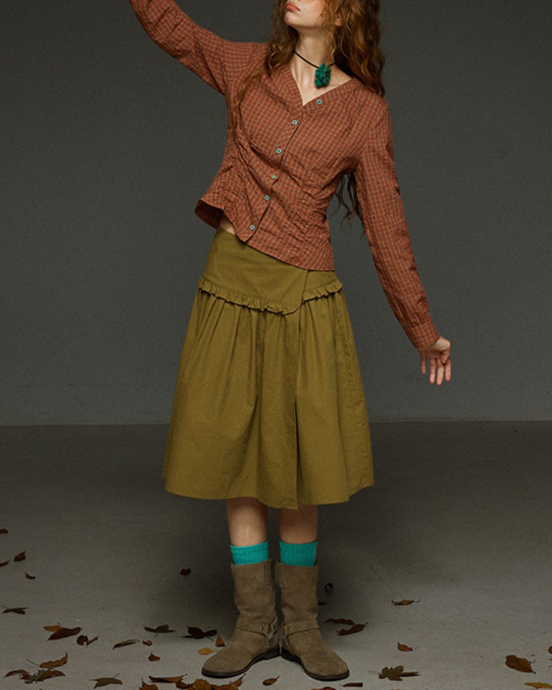 Check V-neck Shirred Shirt　LS028