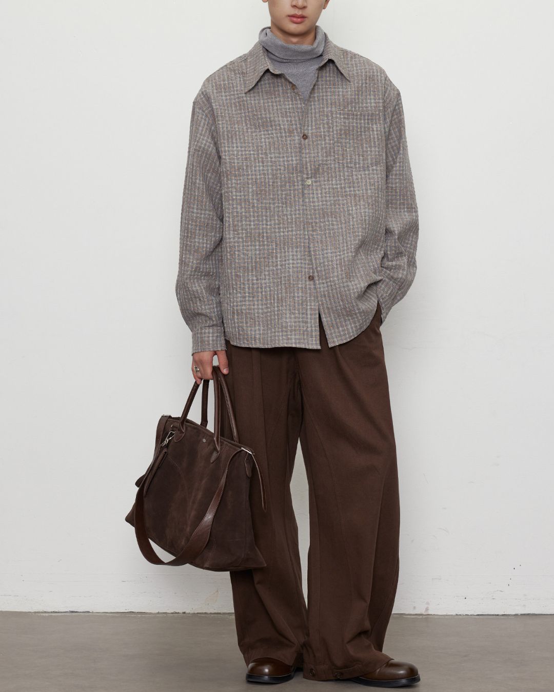 Gradient Button Gray-brown Check Shirt　LS048