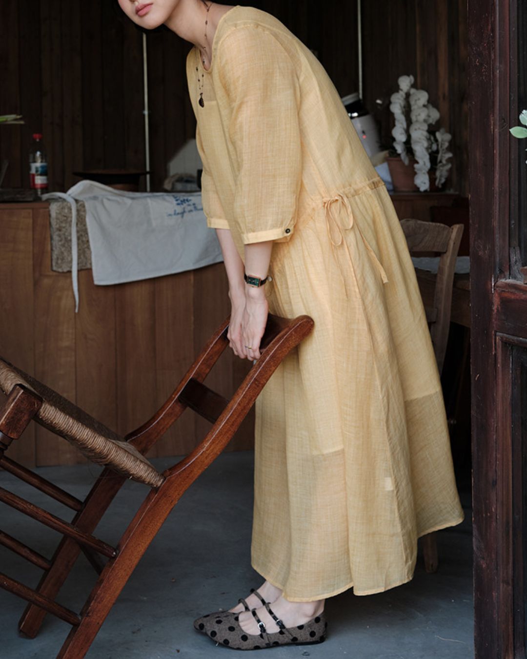 Ramie Drawstring A-Line Dress　OP005