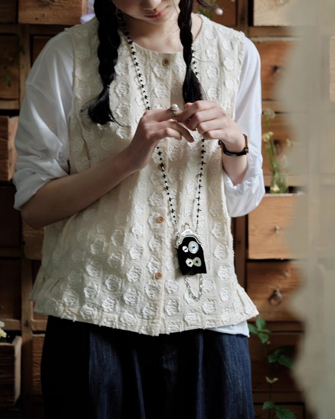 Cotton Linen Jacquard Peplum Vest　VT017
