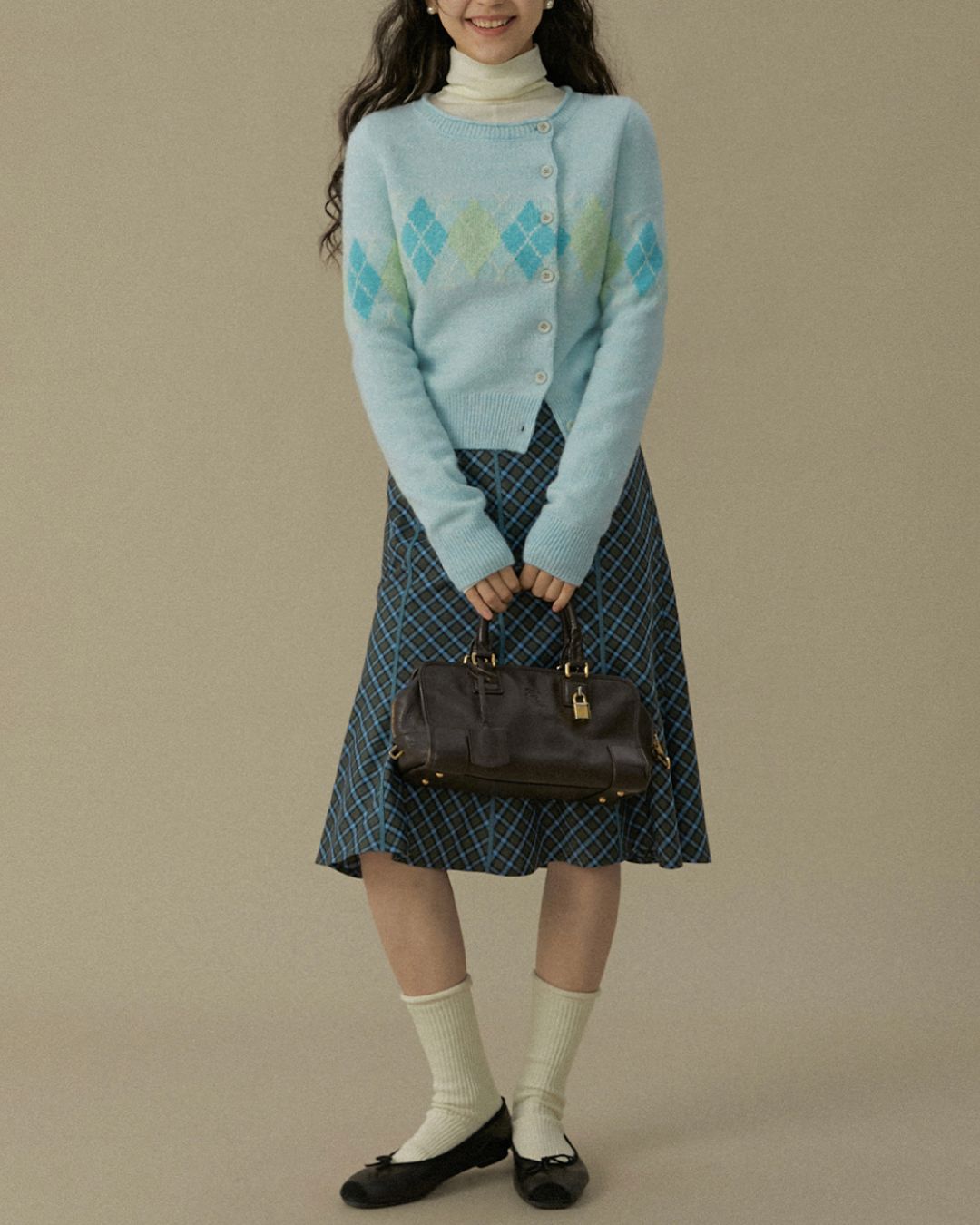 Asymmetrical Argyle Knit Cardigan　KN082