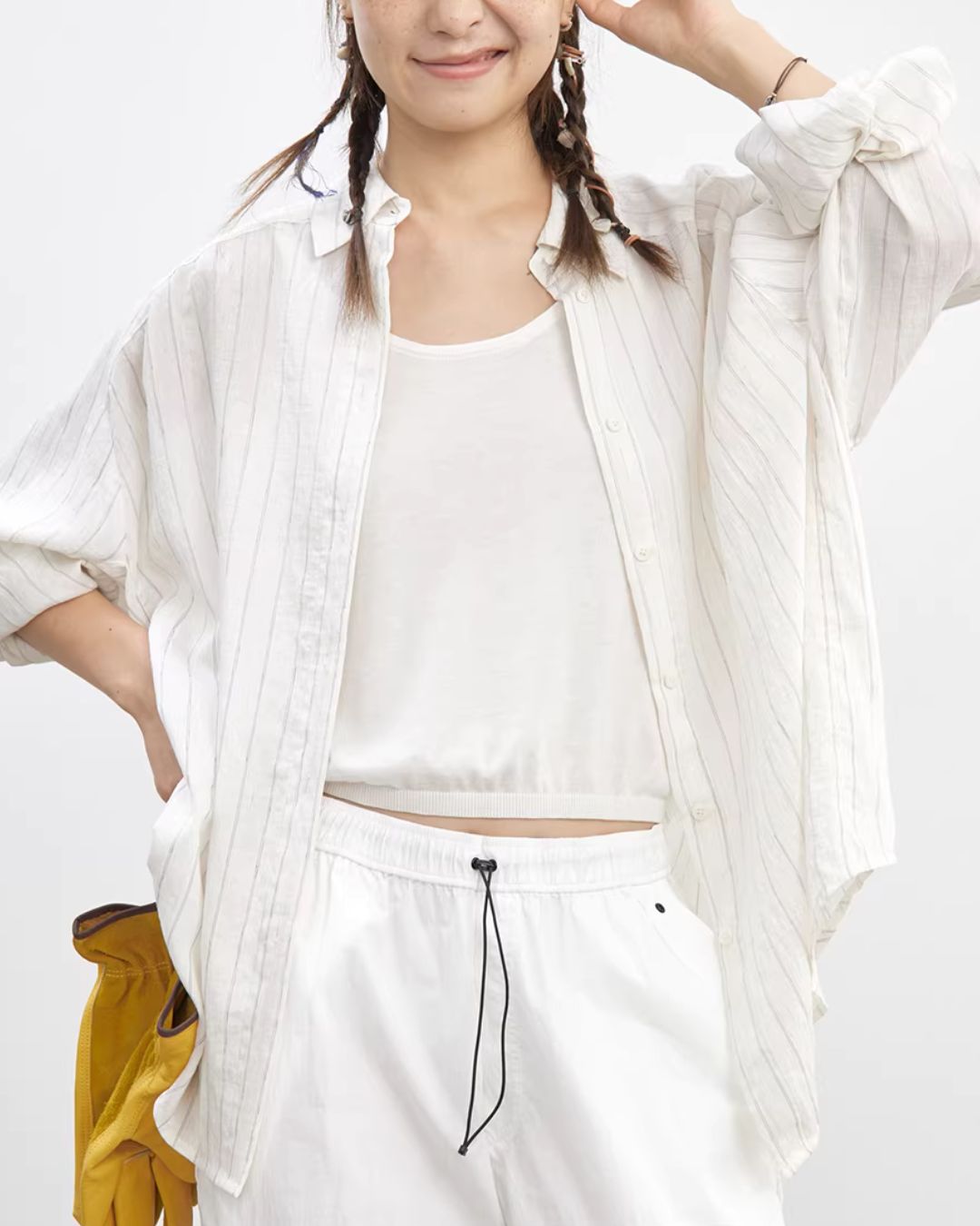 Linen Blend Oversized Striped Shirt　LS064