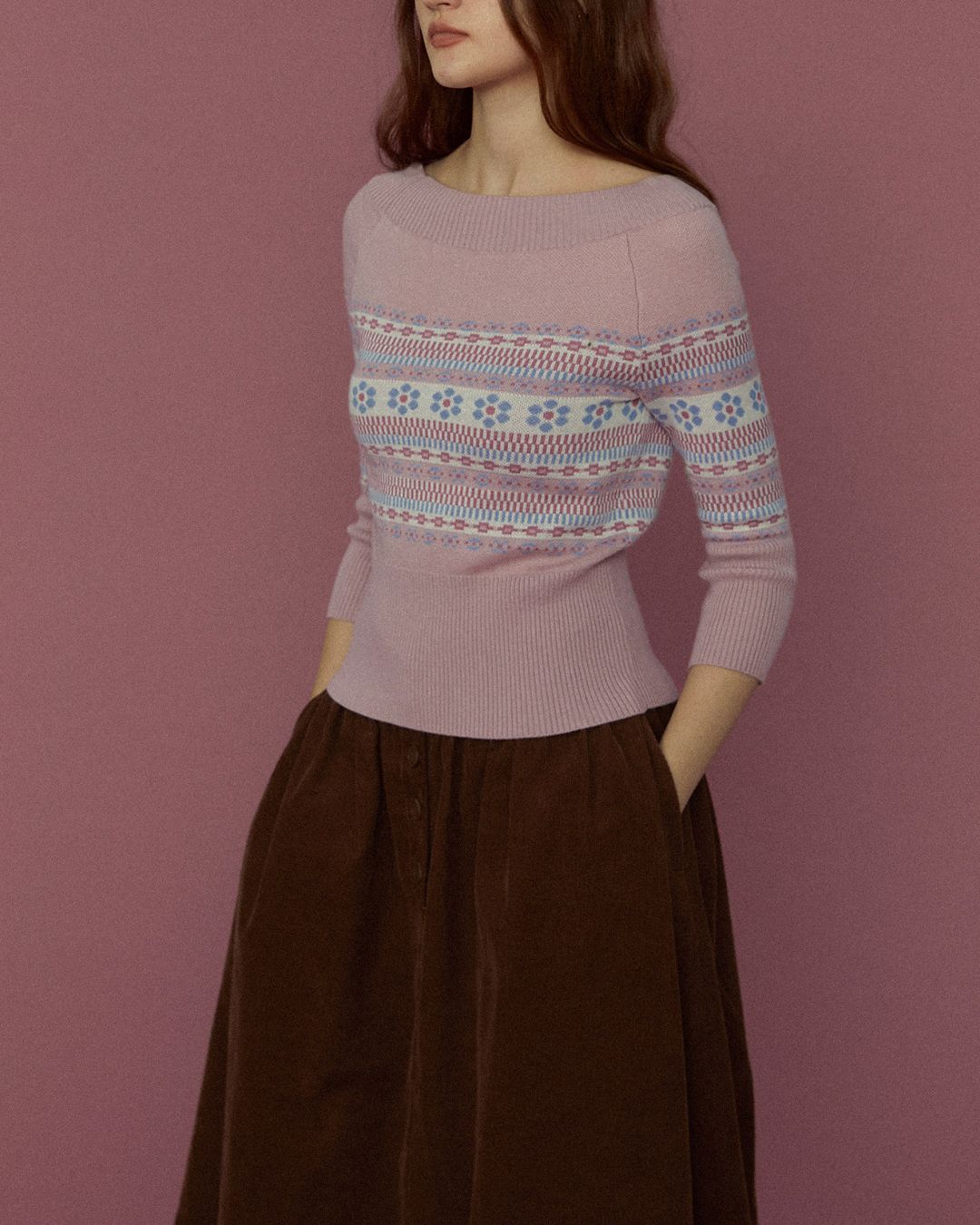 Retro Cherry Blossom Fitted Nordic Knit　KN095