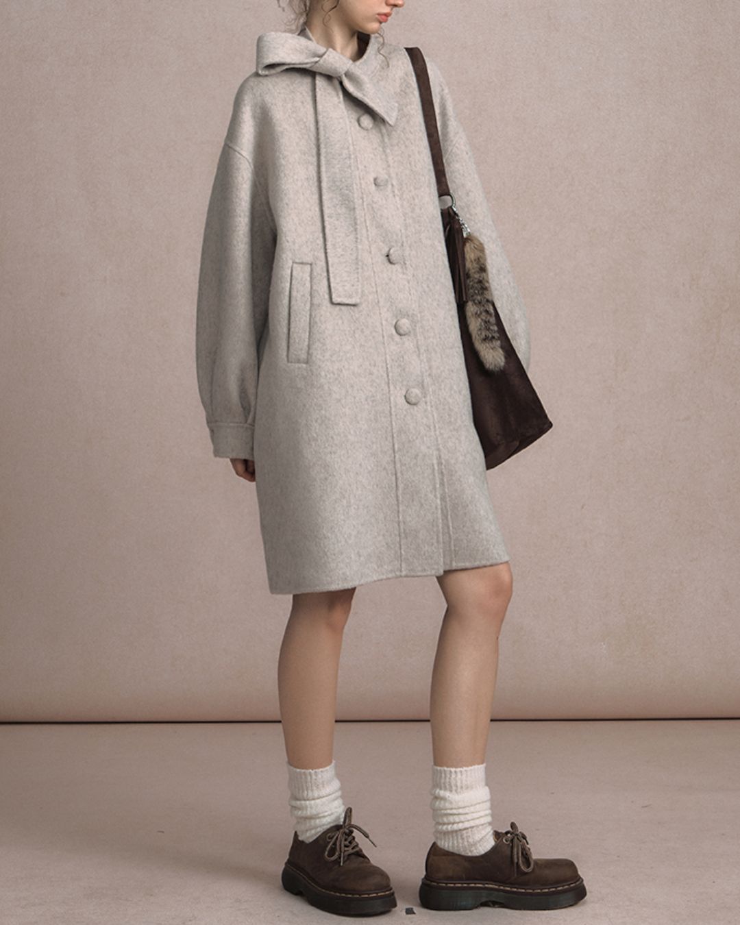Bow-tied Pleated Cuff Wool Coat　CT026