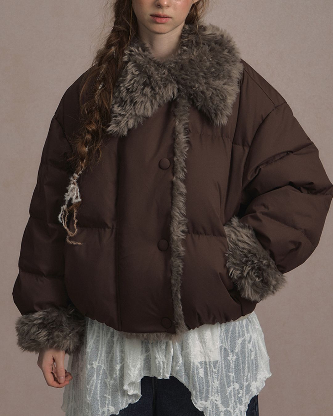 Asymmetrical Fur Short Down Jacket　JK065