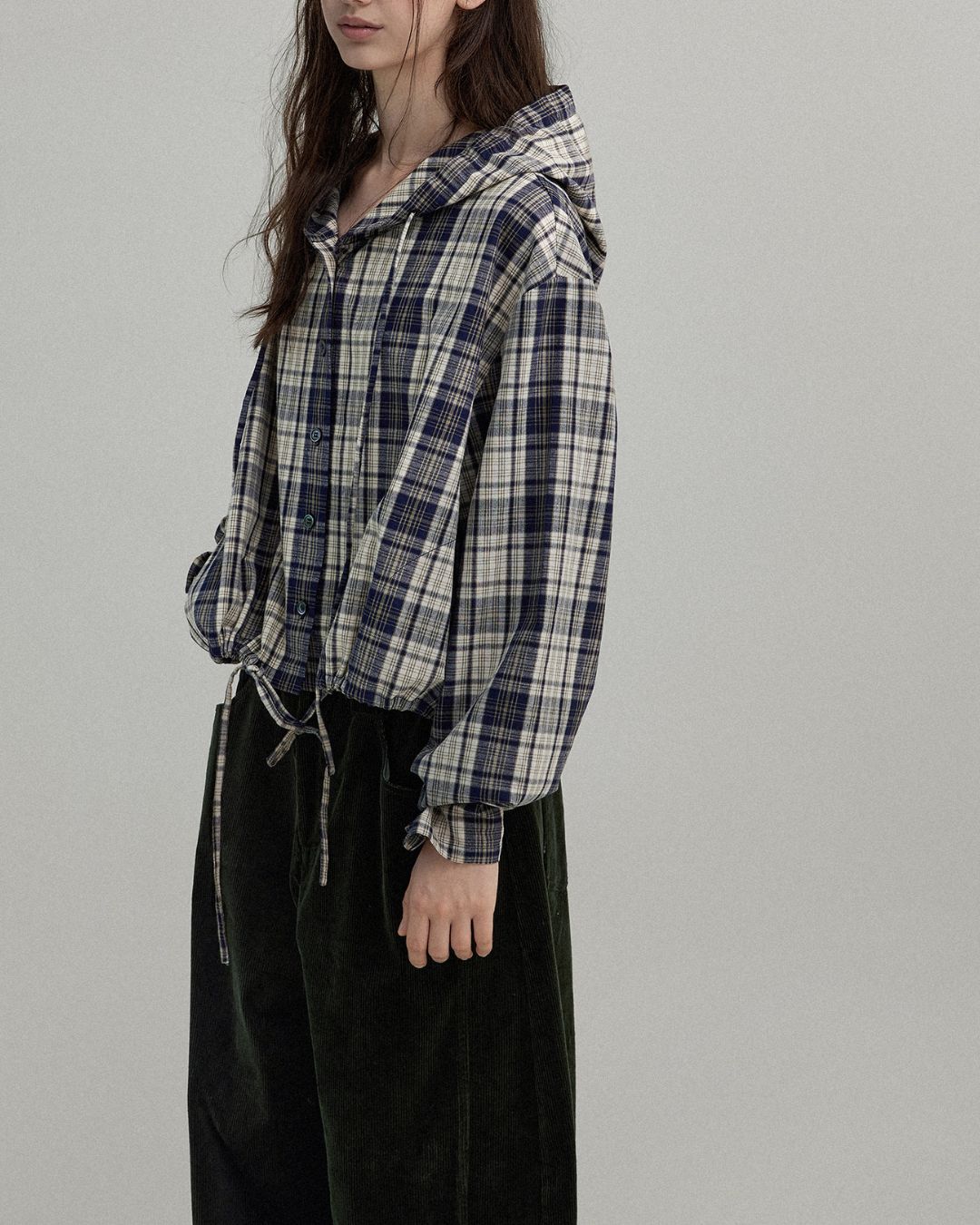 Hooded Drawstring Checked Shirt　LS018