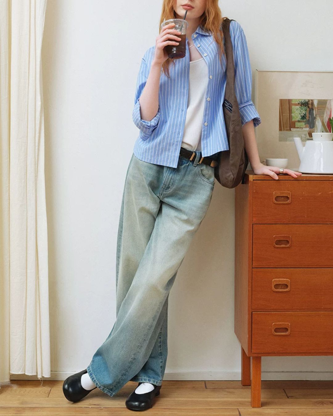 Blue Striped Cropped Shirt　LS052