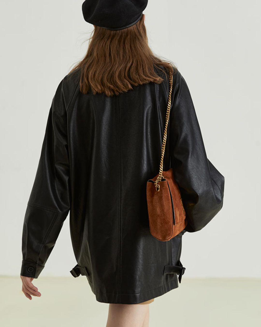 Mid-length Collared Leather Jacket　JK036